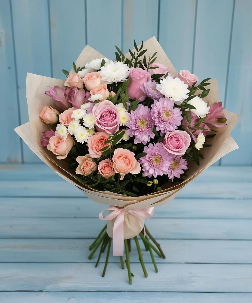 Букет цветов из: Хризантемы, Розы и Альстромерии в Новом Карачае