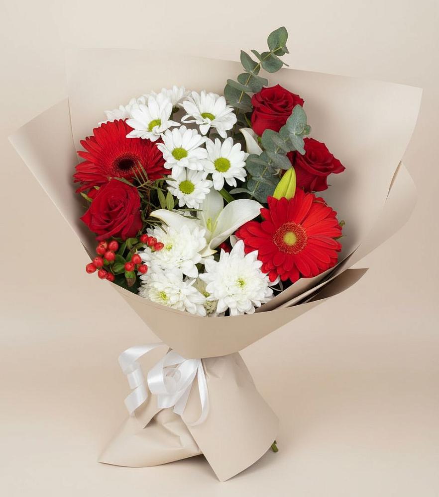 Букет цветов из: Розы, Хризантемы, Герберы и Лилии в Новом Карачае
