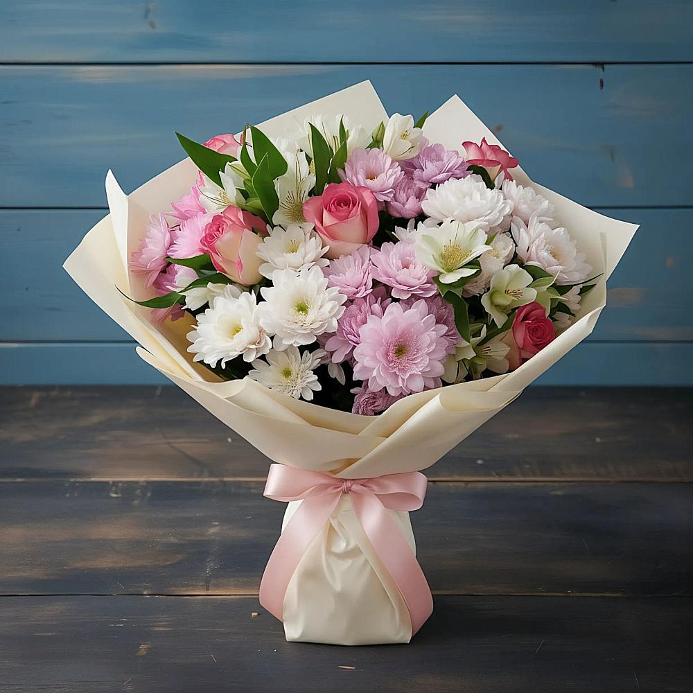 Букет цветов из: Хризантемы, Альстромерии и Розы в Новом Карачае